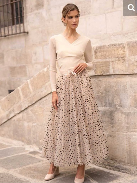 Dresses & Skirts - Tulle Polka Dot Skirt Midi Beige and Black Choklate S